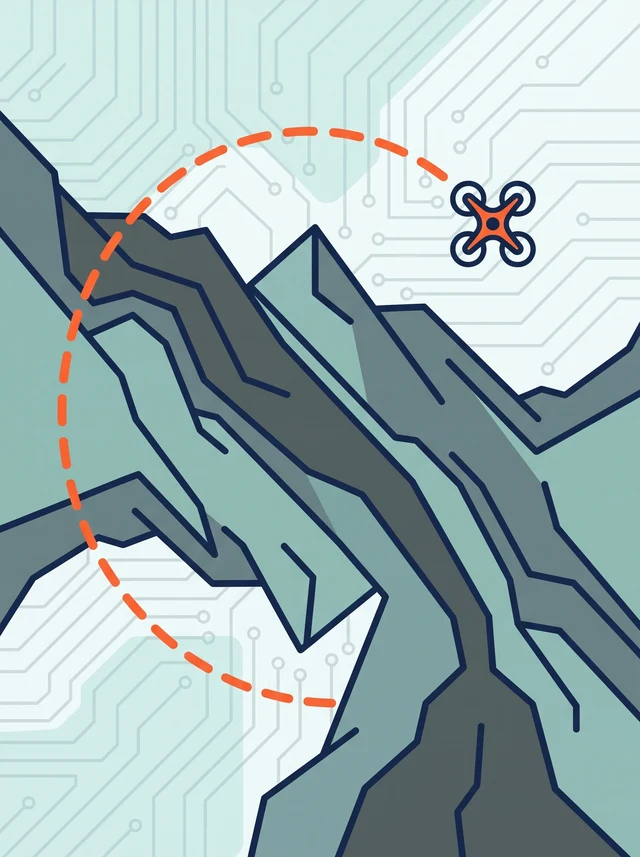 Ilustración de crestas montañosas vistas desde arriba con una trayectoria de vuelo discontinua que se curva sobre ellas