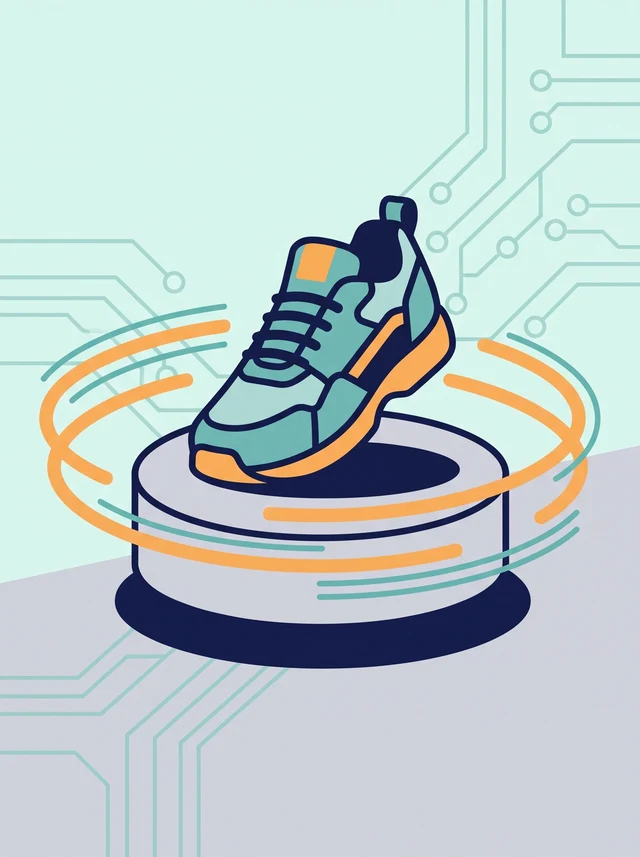 Ilustración de una zapatilla girando sobre un pedestal dentro de arcos de movimiento curvos, que representa un clip de producto en rotación