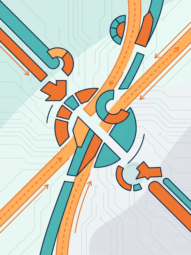 Ilustración de figuras geométricas deslizándose a su sitio por trayectorias de movimiento, que representa una secuencia de títulos animados